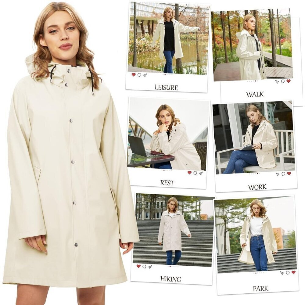 Women’s Upgrade-beige Waterproof Rain Jackets Hooded Long & Raincoat Windbreaker - Picture 5 of 5